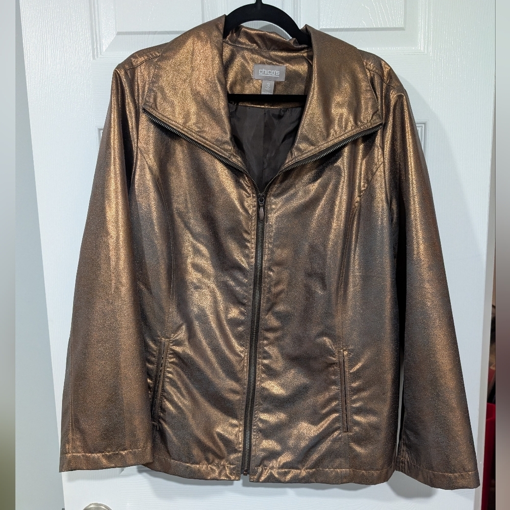 Chico's Gold Iridescent Zipper Jacket with Collar and Pockets in Size 3/XL